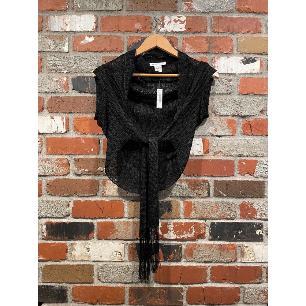 White House Black Market Black Short Sleeve Fringe Cardigan Shrug